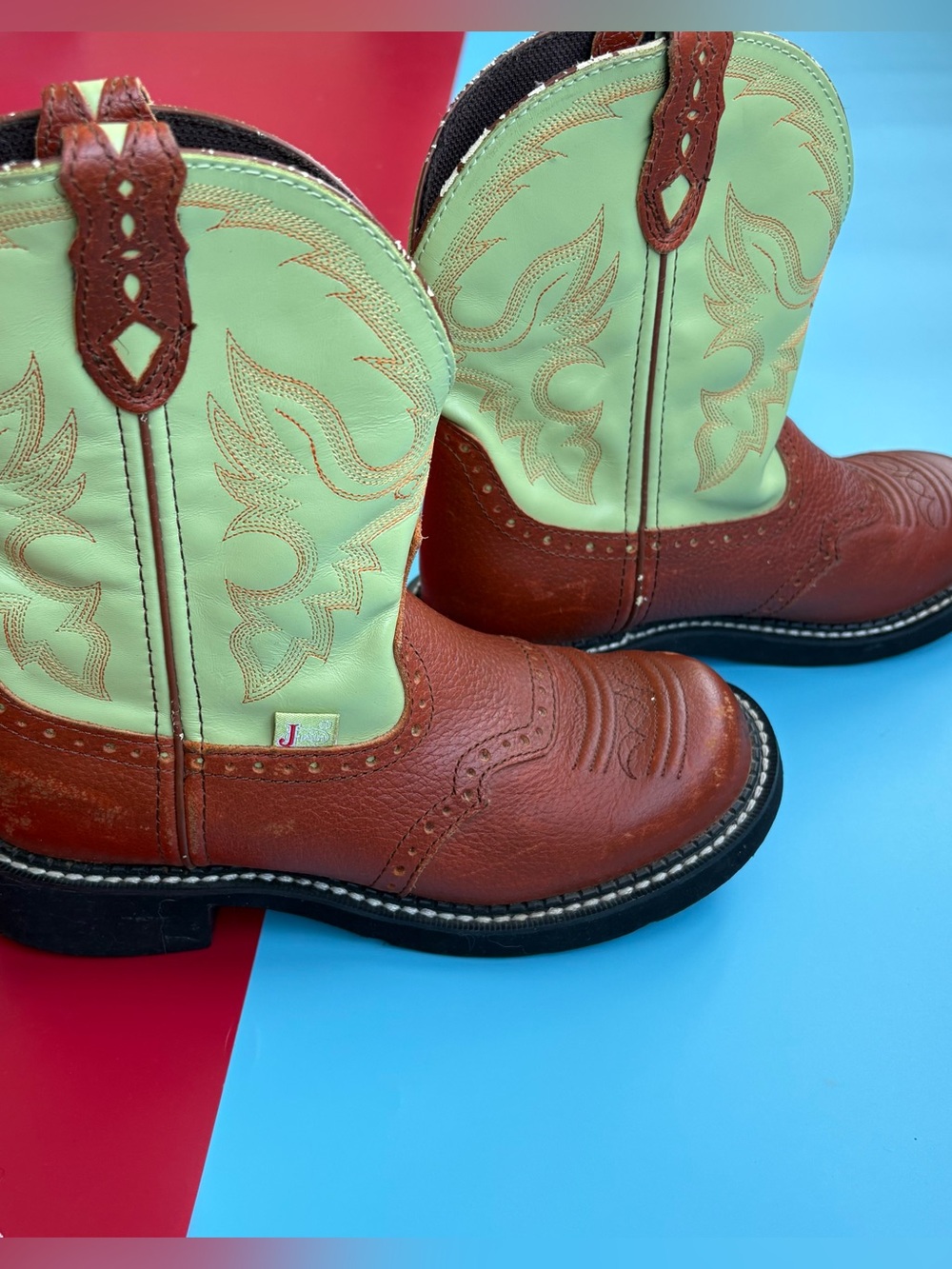 Justin Gypsy Womens 7.5 B Cowboy Boots Brown Green Leather Western L9904